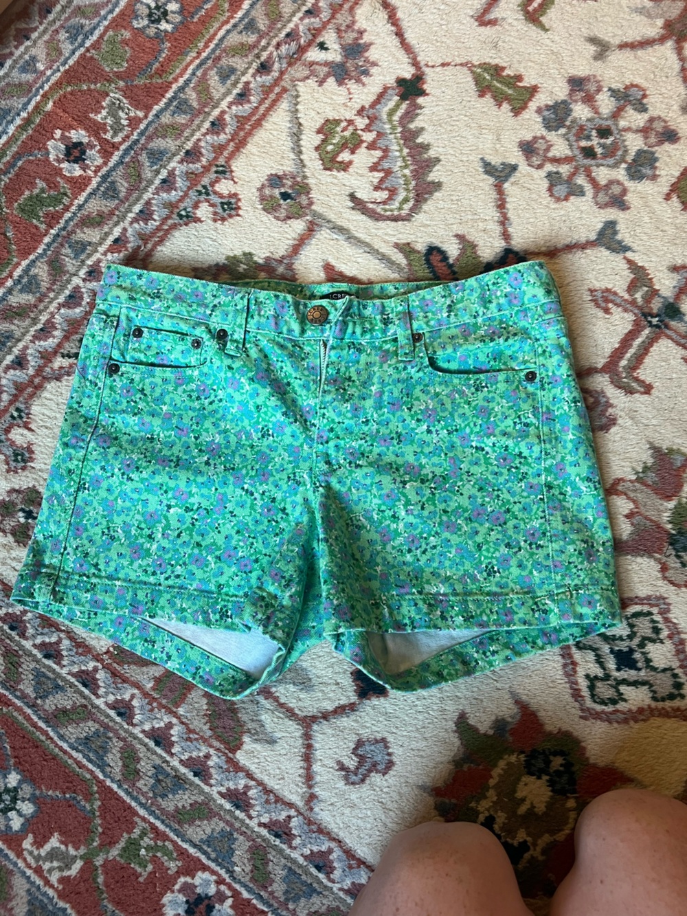J Crew Denim Shorts Women Size 4 Green Floral Boho Stretch Green Jeans